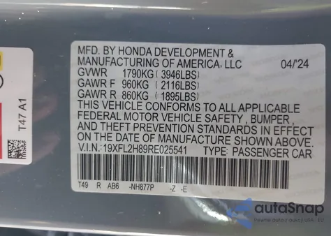 2024 Honda Civic Sport from USA, damaged, VIN 19XFL2H89RE025541